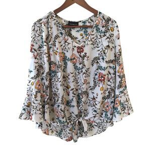 Boho Floral Womens Top Size Medium Blouse‎ White Colorful Comfort Bloomcore Work